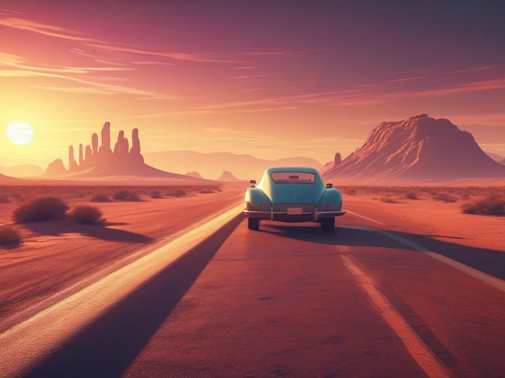 AlbedoBase XL — retro-futuristic desert highway at sunset, a lone car, cinematic sci-fi concept art