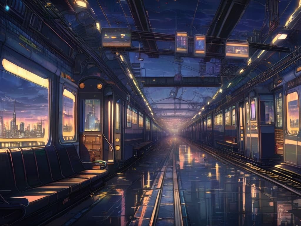 Animagine XL 3.0 — anime cityscape at dusk, glowing windows and train lines, atmospheric, detailed background