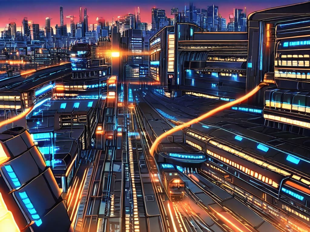 Animagine XL 4.0 — anime cityscape at dusk, glowing windows and train lines, atmospheric, detailed background