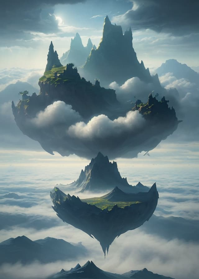 DreamShaper 8 — surreal floating islands above a sea of clouds, vivid imaginative concept art, dramatic light