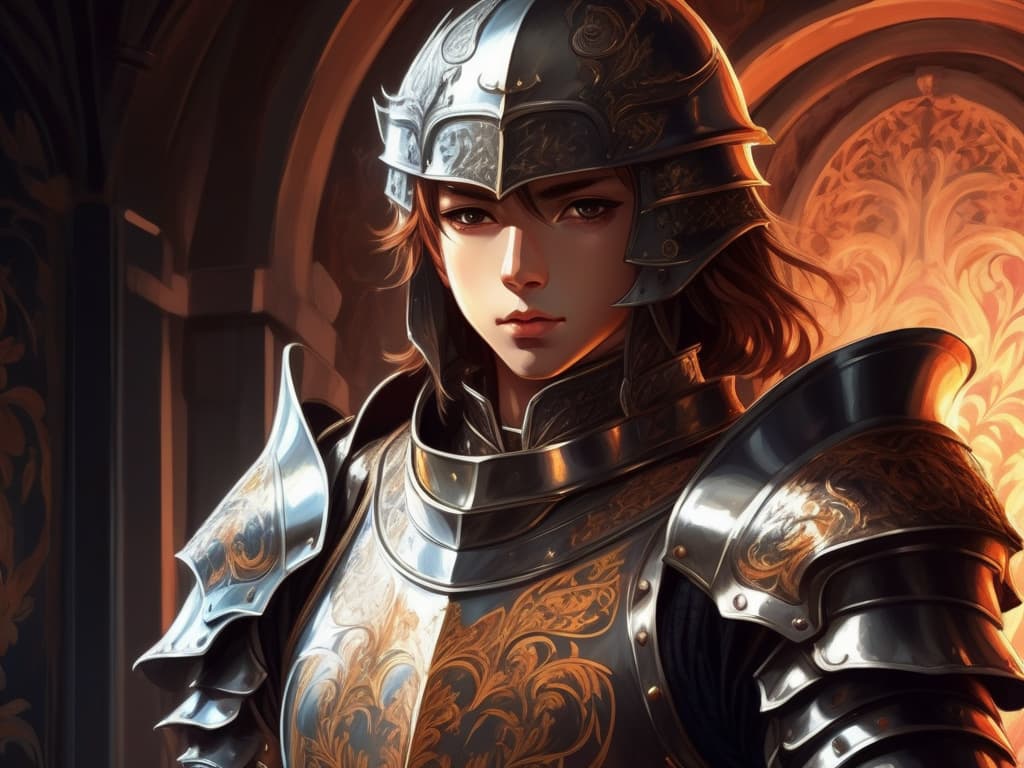 DreamShaper XL: anime portrait of a knight in ornate armor, dramatic lighting, highly detailed, illustration
