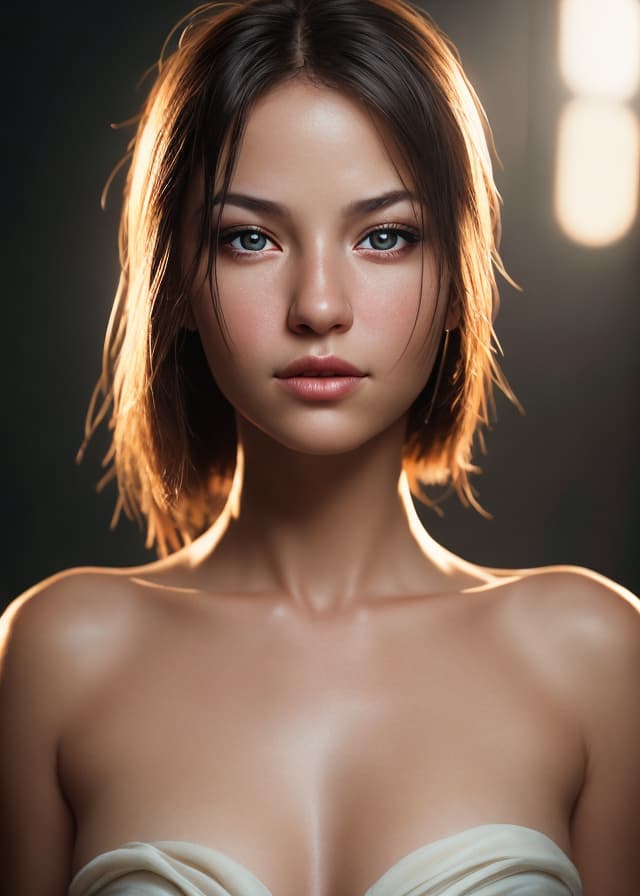 Photon — cinematic studio portrait of a woman, 85mm lens, soft rim lighting, flawless photoreal skin