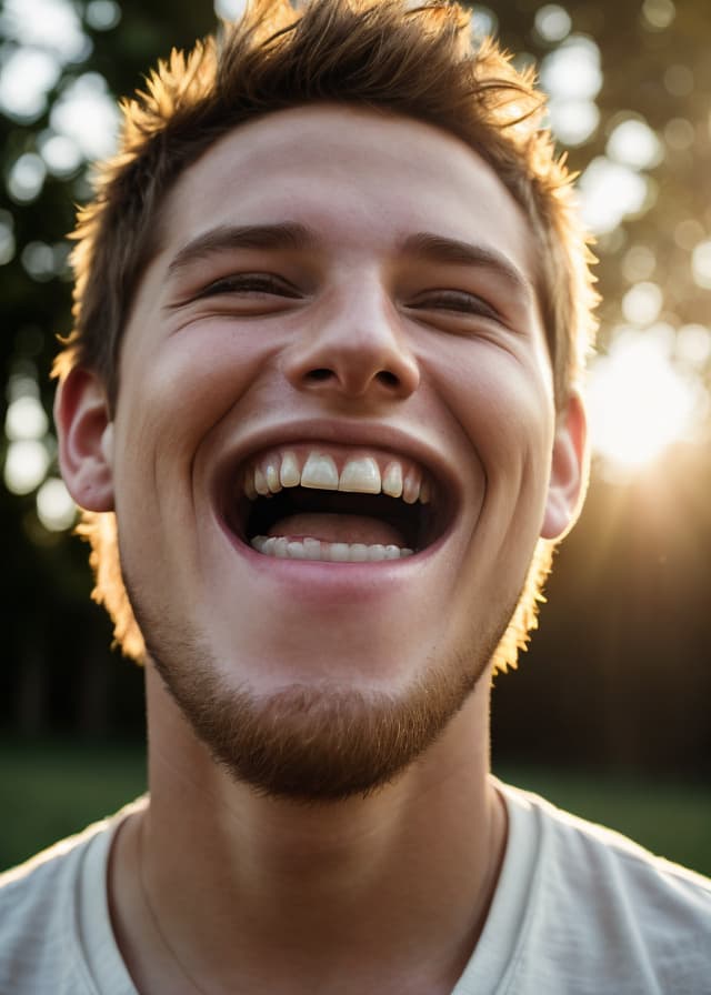 Realistic Vision V6.0 — natural candid portrait of a young man laughing, golden-hour backlight, photoreal