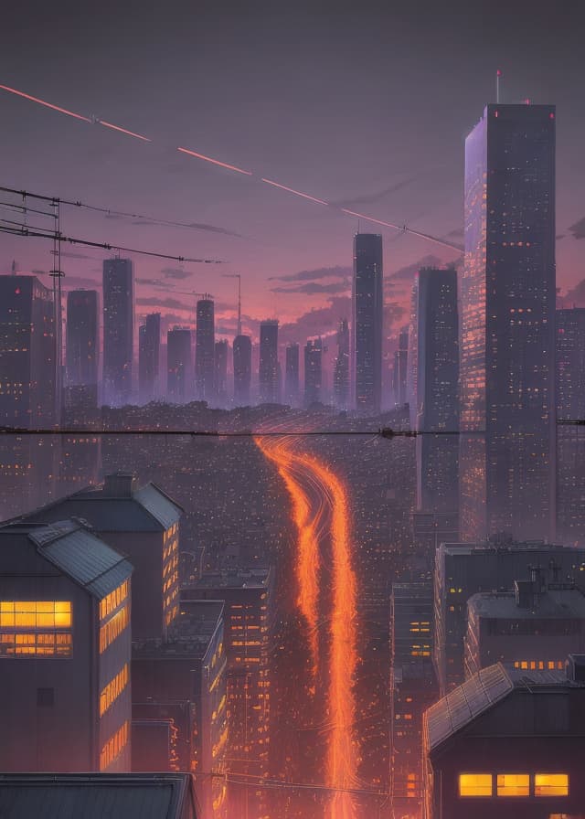 ReV Animated — anime cityscape at dusk, glowing windows and train lines, atmospheric, detailed background